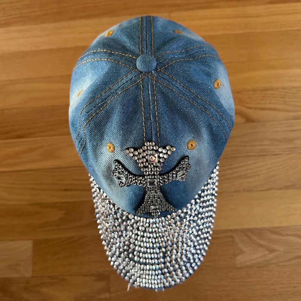Bling Rhinestone Cross Cap Hat Indigo Soul Distressed Denim - Picture 8 of 13